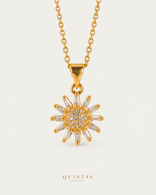 Sunflower Crystal Necklace on gold cable chain, hero angle, neutral greige
