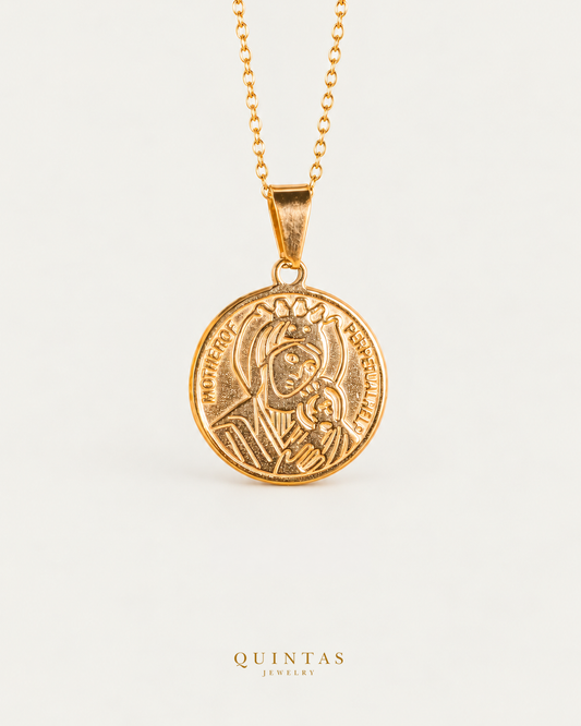 Mother of Perpetual Help Necklace main, unchanged jewelry and canonical Quintas Jewelry logo