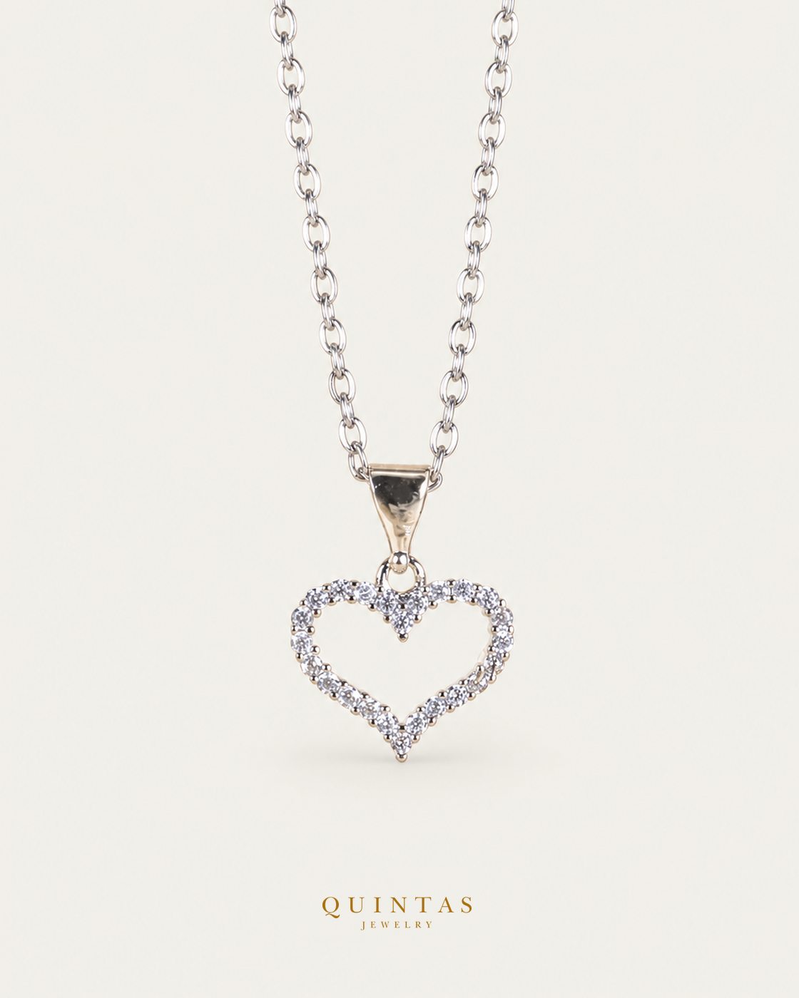 Althea Iced Heart Silver Necklace main, unchanged jewelry and canonical Quintas Jewelry logo
