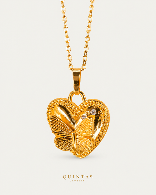 Golden Butterfly Heart Necklace gold cable chain main view, canonical Quintas logo