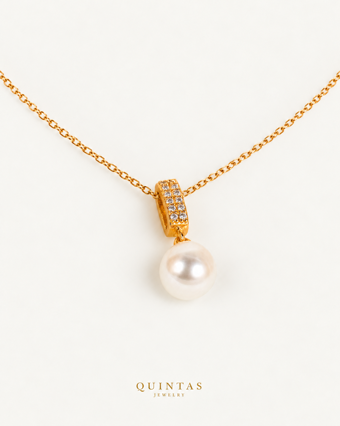 Majestic Pearl Necklace — gold cable chain, companion view, canonical Quintas logo