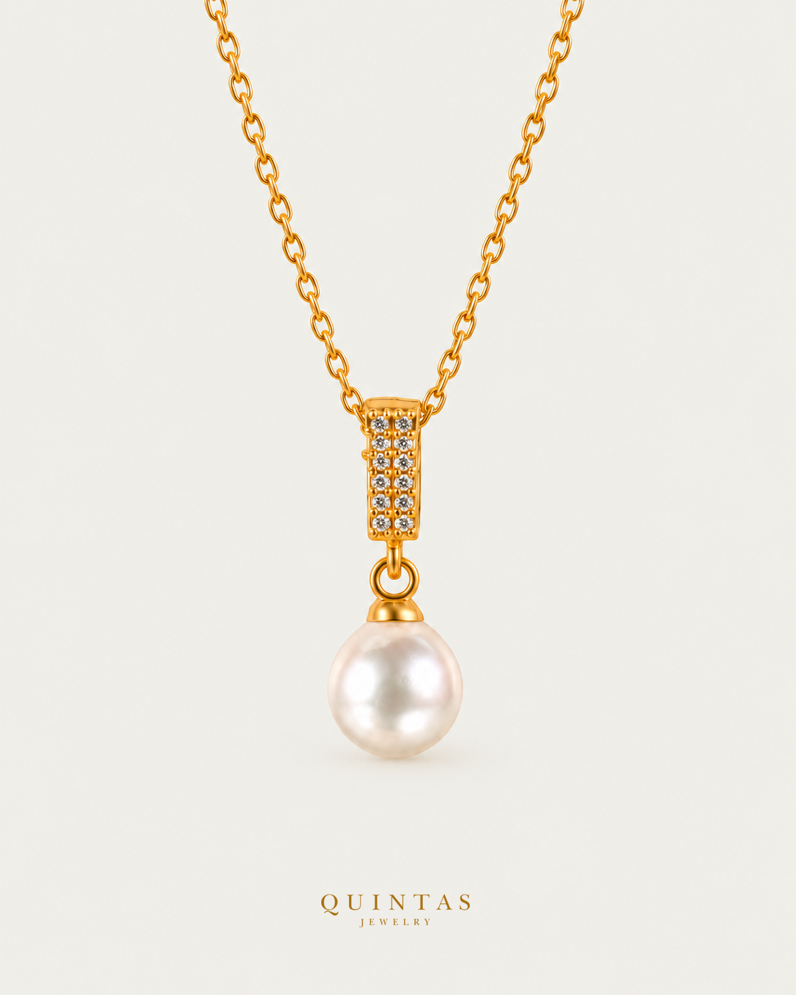 Majestic Pearl Necklace — gold cable chain, hero view, canonical Quintas logo