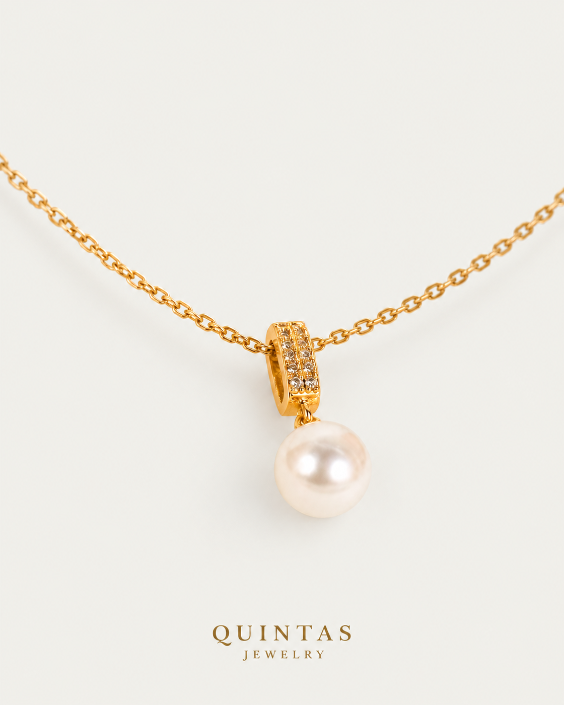 Majestic Pearl Necklace cable chain companion photographed angle on neutral greige