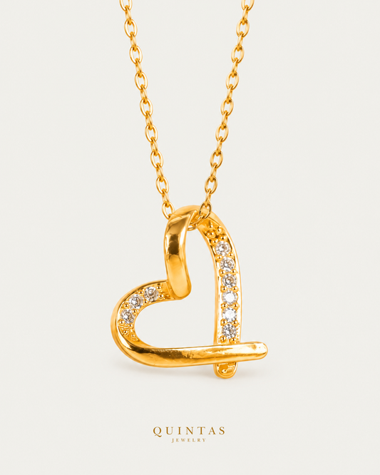 Ava Timeless Heart Necklace gold cable chain main view, canonical Quintas logo