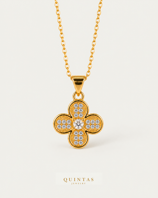 Diamond Clover Necklace — source-verified cable front view, off-white background, canonical gold logo
