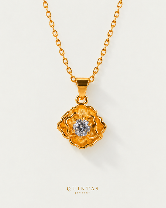 Flower Diamond Necklace on gold cable chain, hero angle, neutral greige