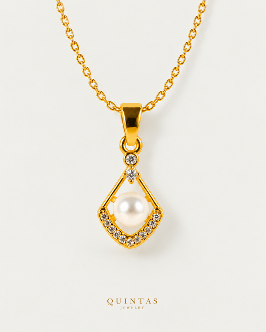 Marina Pearl Necklace on gold cable chain, hero angle, neutral greige