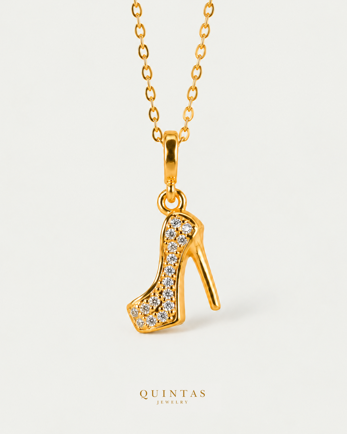 Stiletto Heel Necklace main, unchanged jewelry and canonical Quintas Jewelry logo