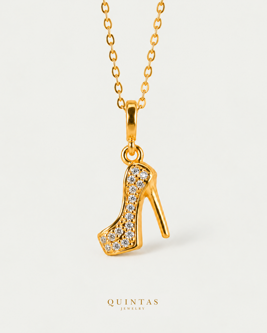 Stiletto Heel Necklace main, unchanged jewelry and canonical Quintas Jewelry logo