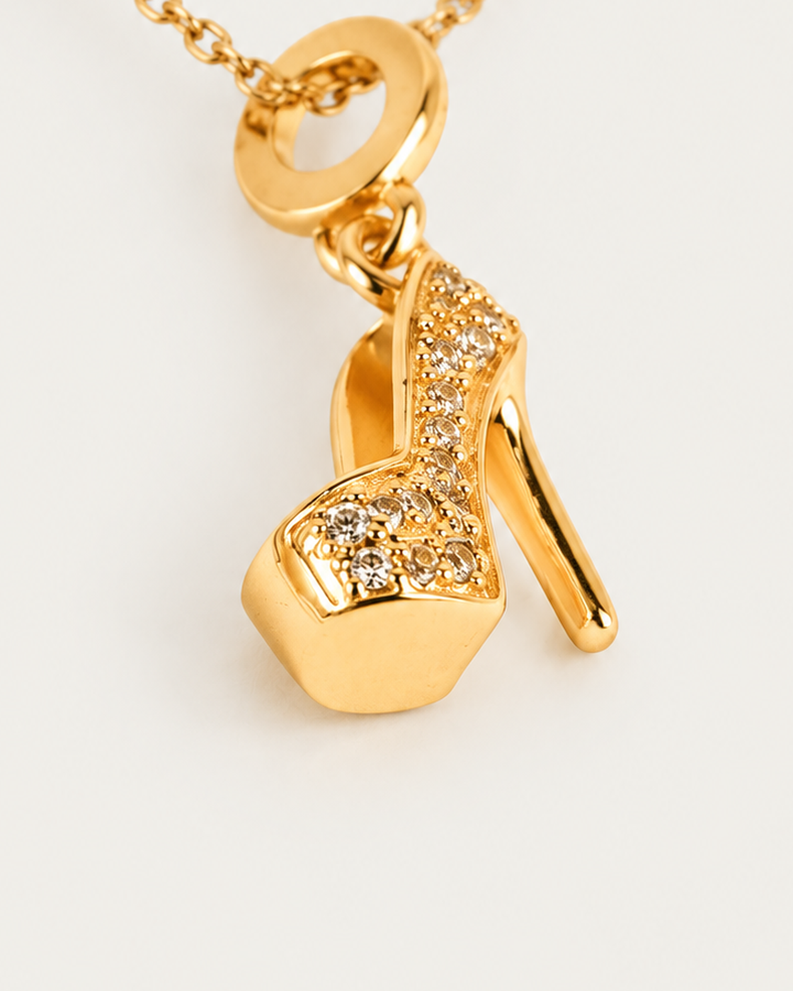 Stiletto Heel cable chain companion photographed angle on neutral greige