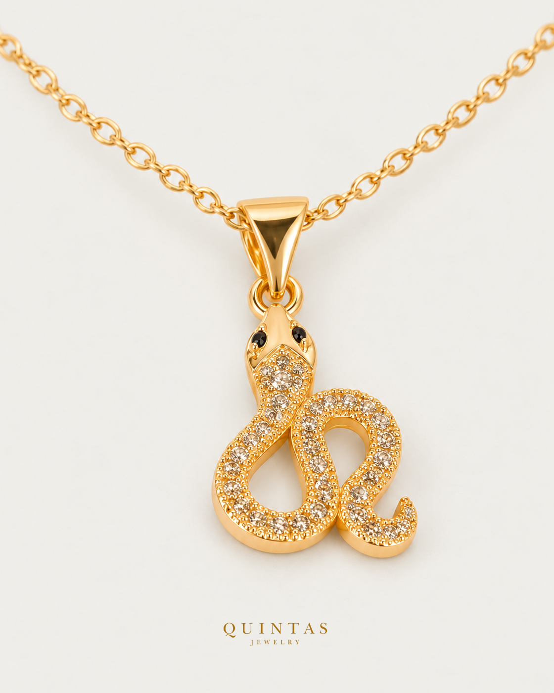 Athena Serpent Necklace companion, unchanged jewelry and canonical Quintas Jewelry logo