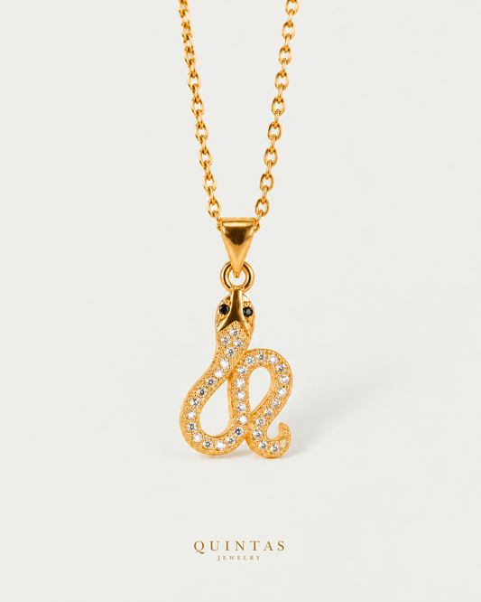 Athena Serpent Necklace main, unchanged jewelry and canonical Quintas Jewelry logo
