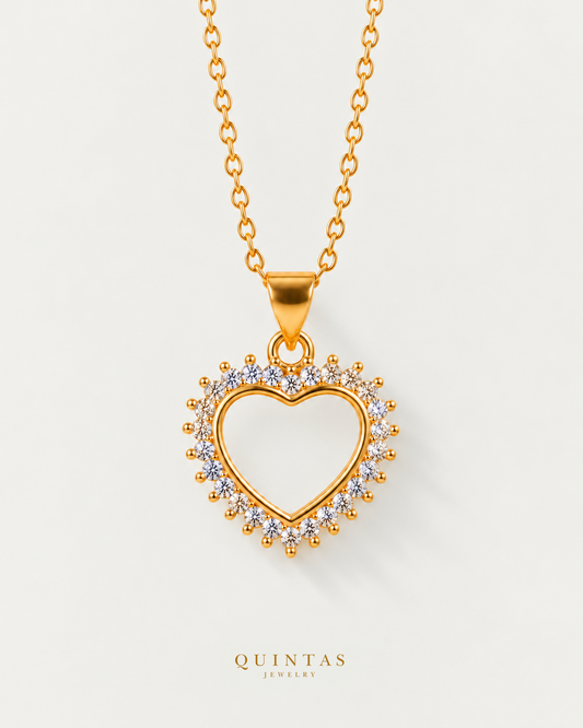 Diana Heart Crystals Necklace main, unchanged jewelry and canonical Quintas Jewelry logo