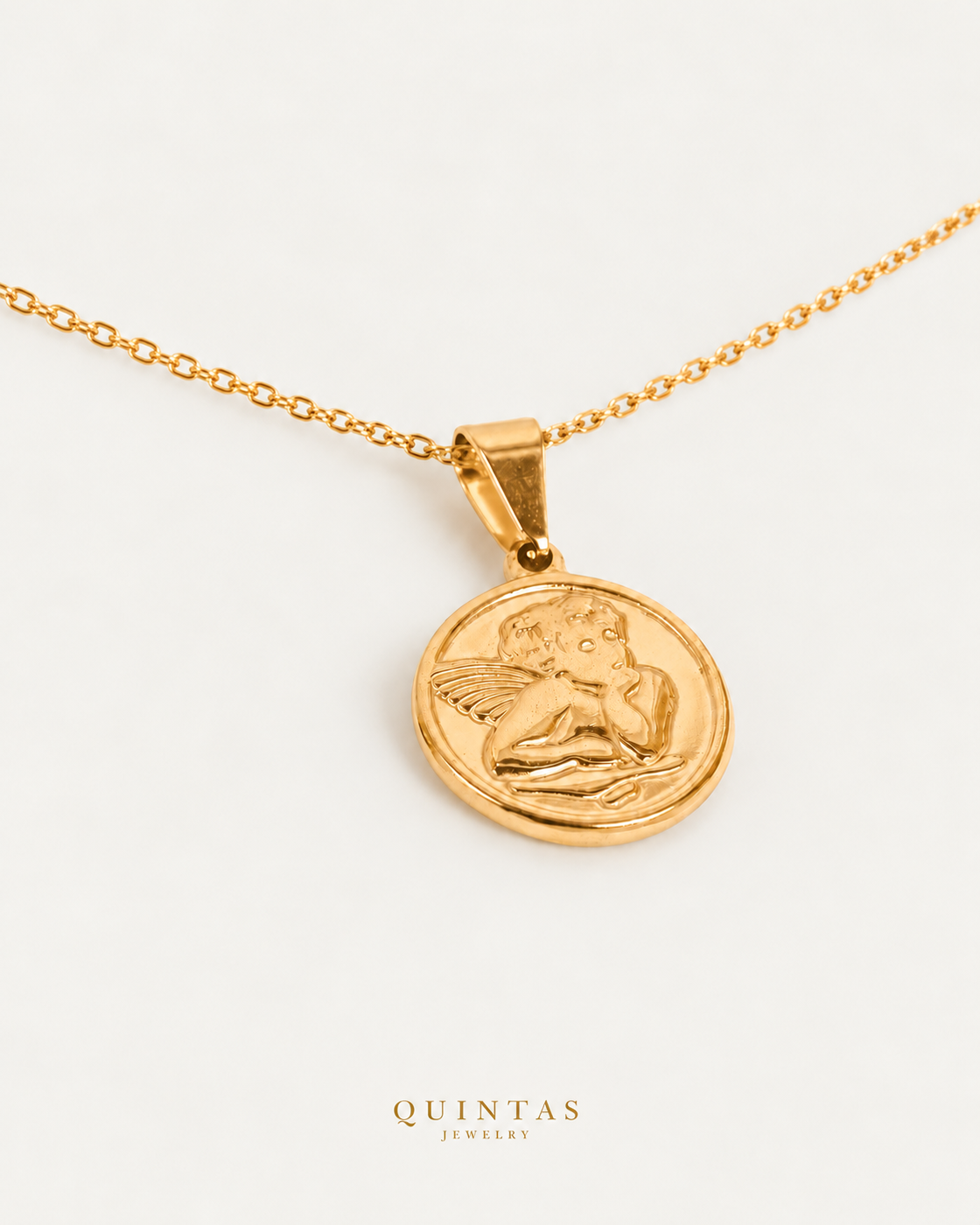Guardian Angel Medallion Necklace on gold cable chain, companion angle, neutral greige