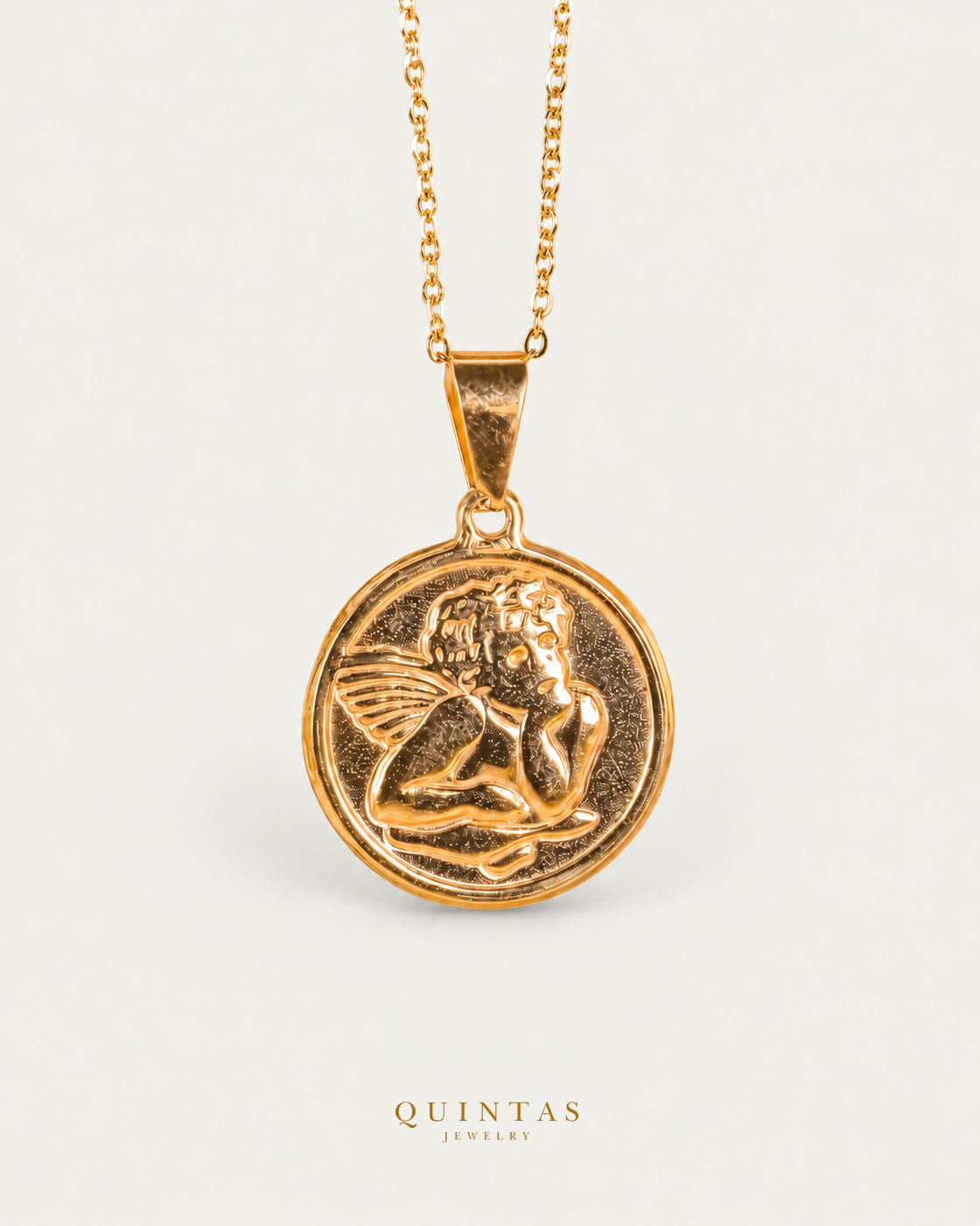 Guardian Angel Medallion Necklace on gold cable chain, hero angle, neutral greige