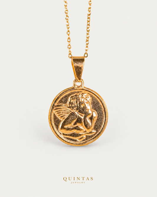 Guardian Angel Medallion Necklace on gold cable chain, hero angle, neutral greige