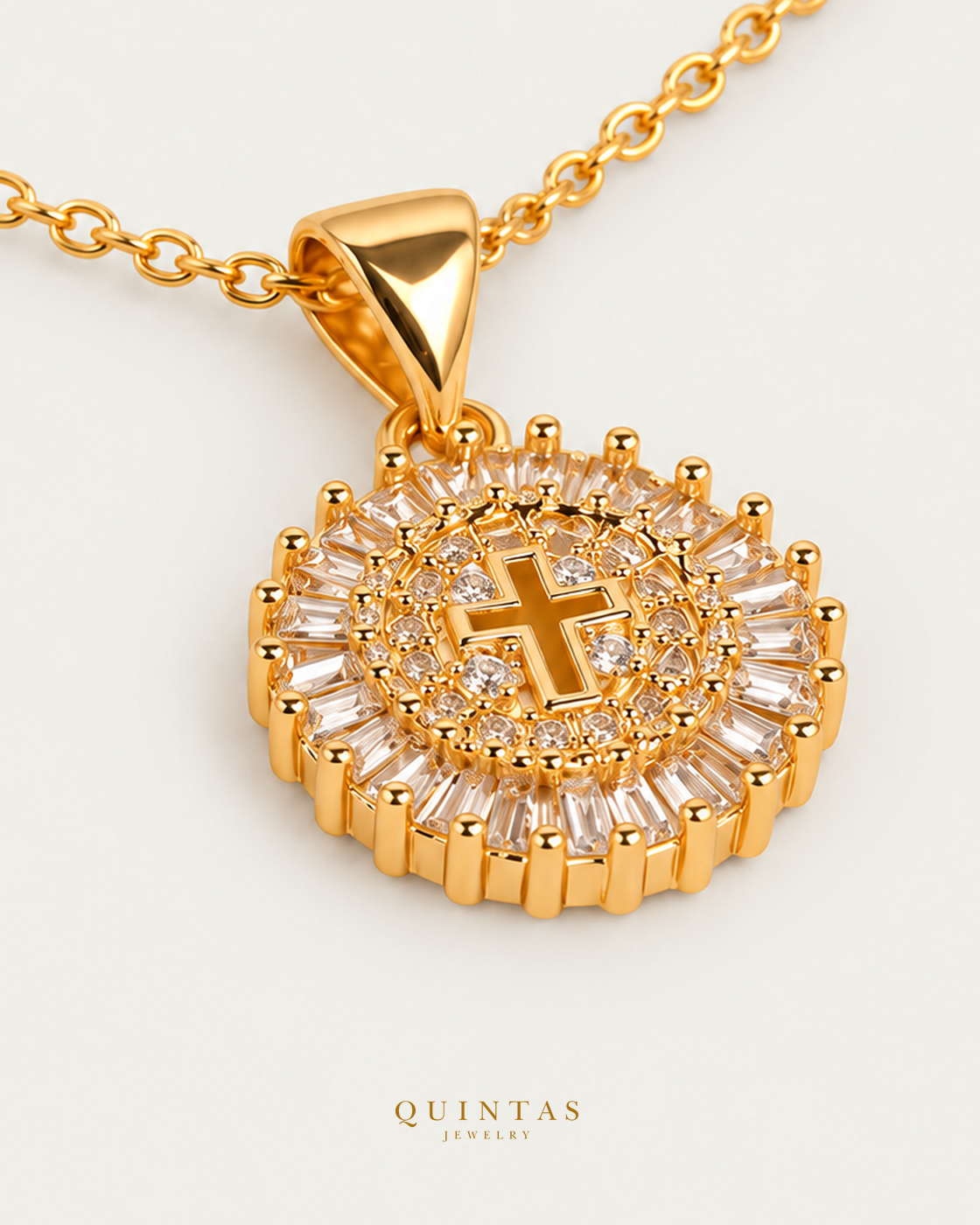 Cross Diamond Halo Necklace — actual source-backed alternate detail with canonical Quintas Jewelry logo