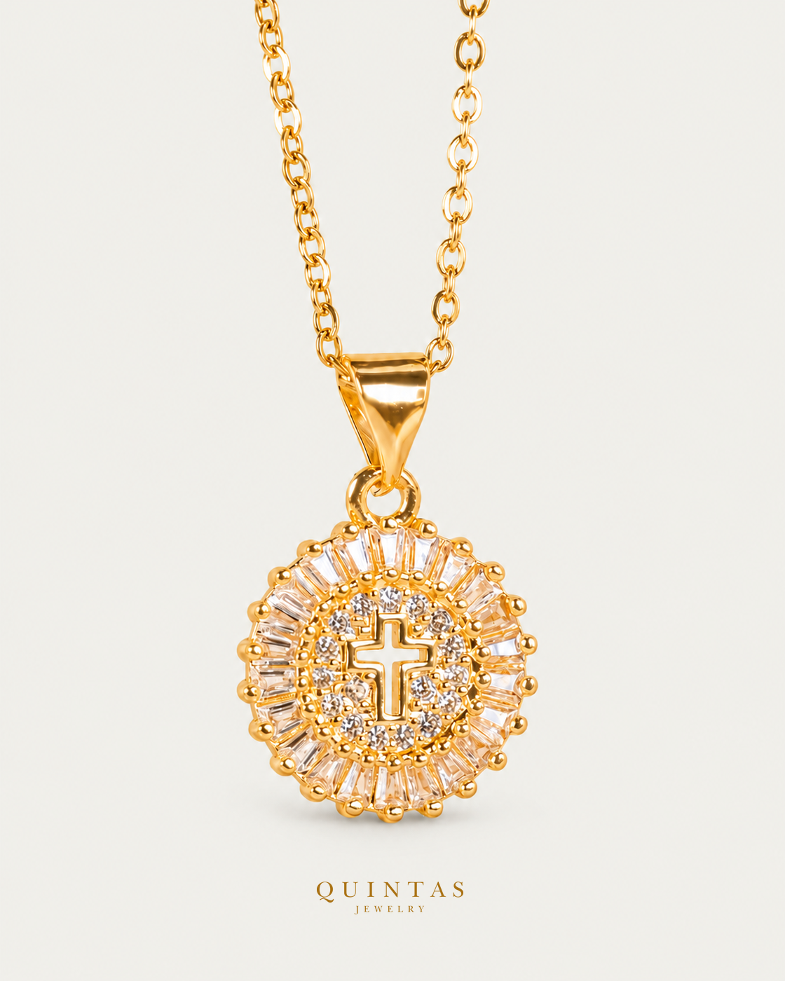 Cross Diamond Halo Necklace — actual source-backed main with canonical Quintas Jewelry logo
