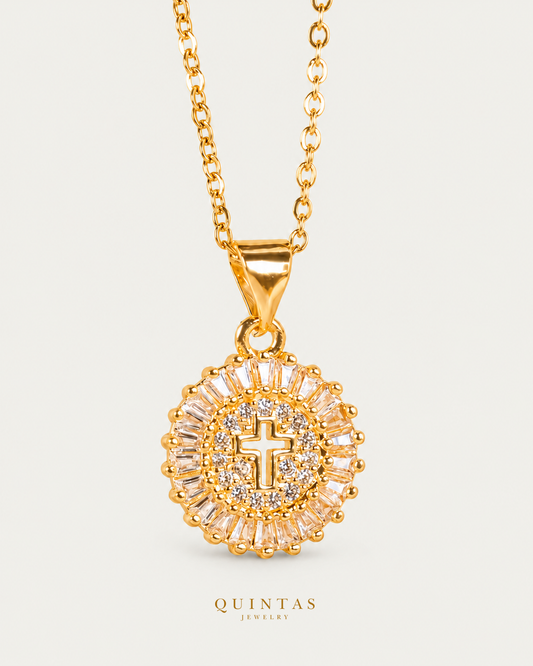 Cross Diamond Halo Necklace — actual source-backed main with canonical Quintas Jewelry logo