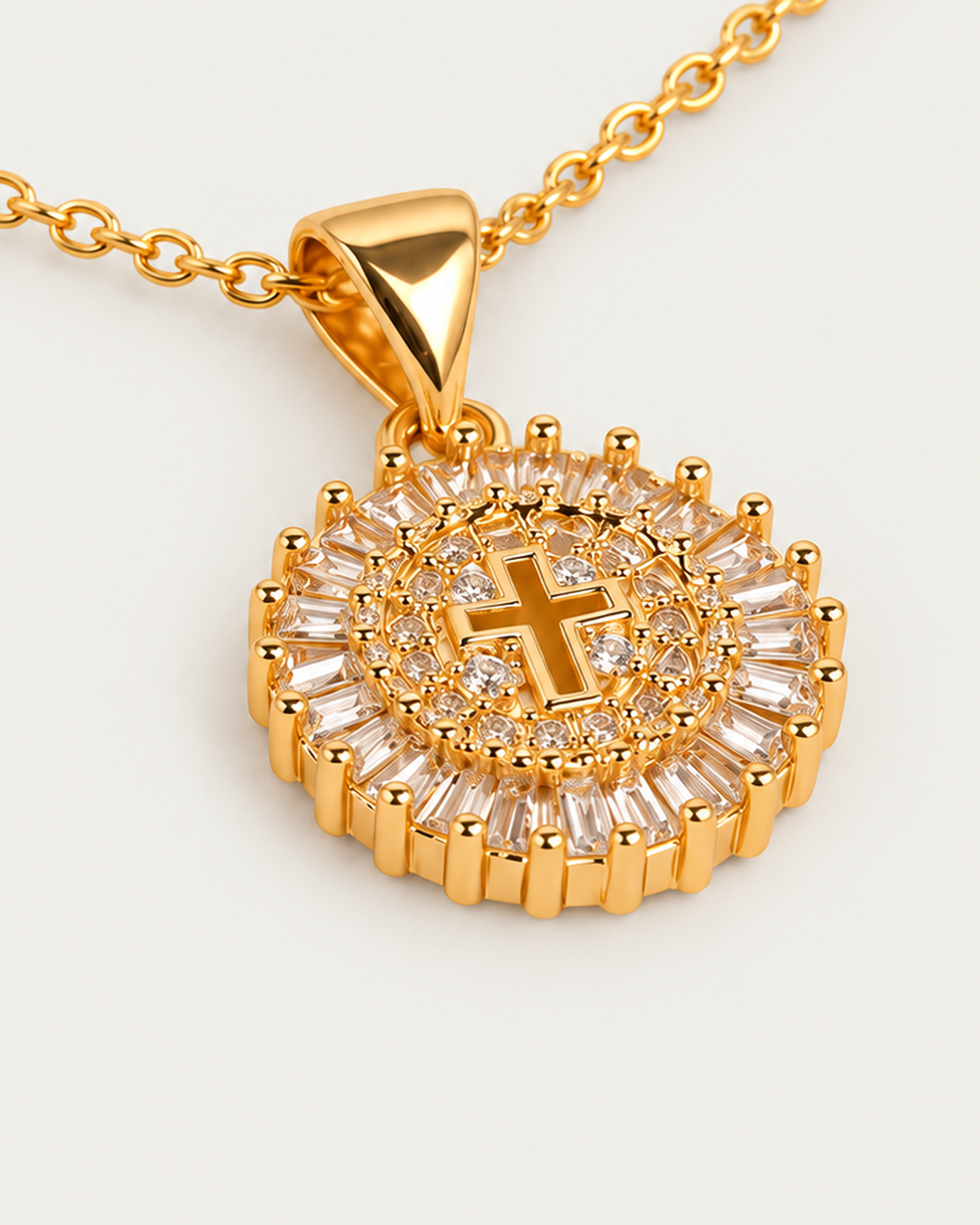 Cross Diamond Halo cable chain companion photographed angle on neutral greige