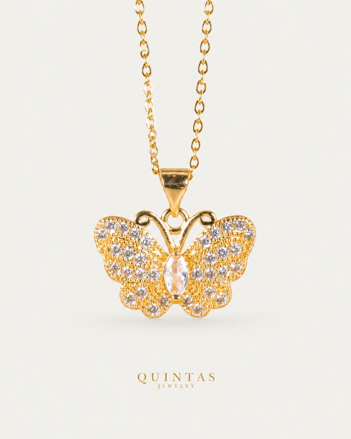 Jane Butterfly Diamond Necklace — gold cable, frontal hero, neutral greige