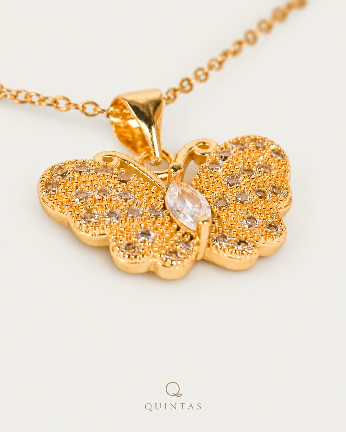 Jane Butterfly Diamond Necklace — gold cable, genuine oblique angle, neutral greige