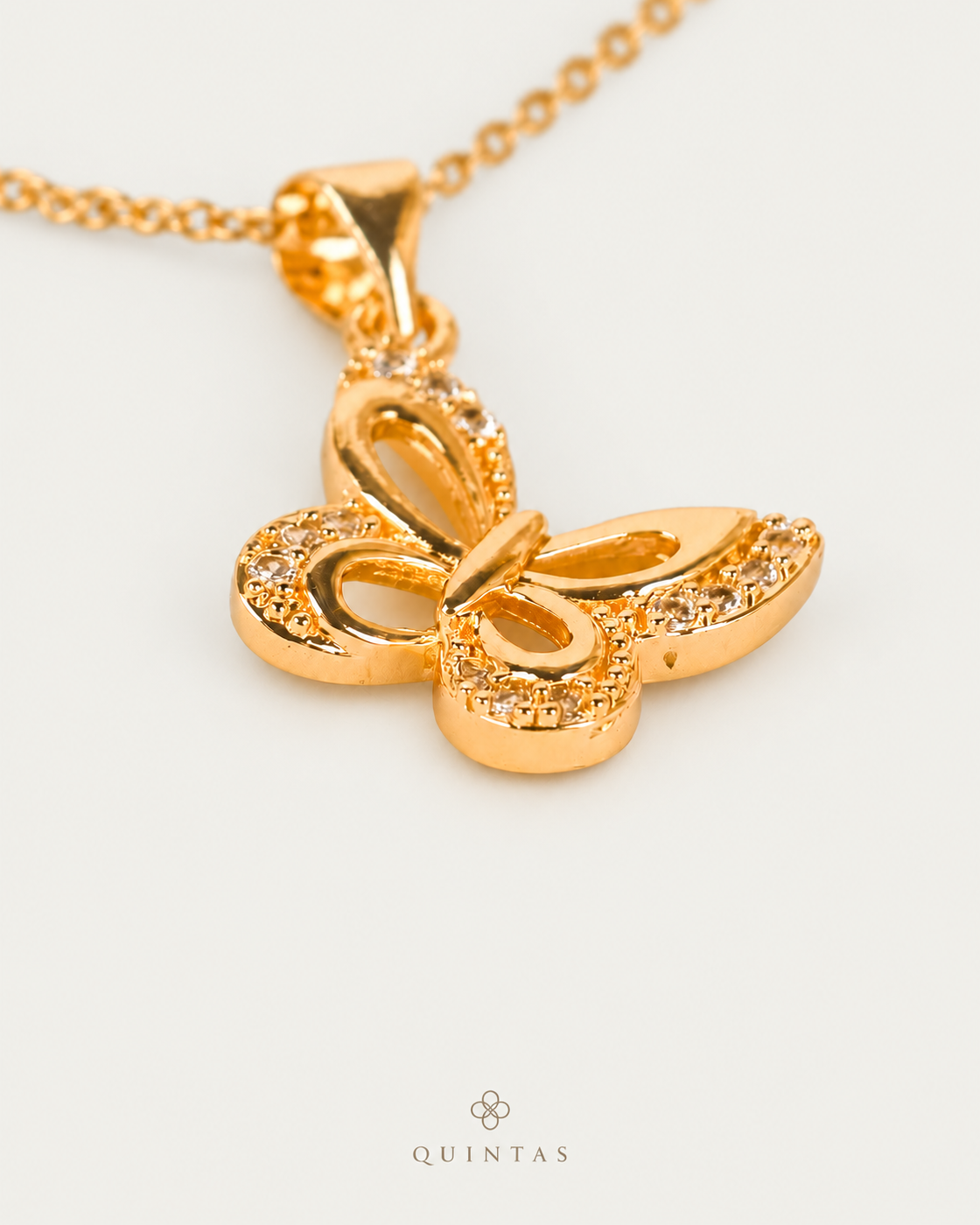 Marinella Butterfly Necklace — gold cable, genuine oblique angle, neutral greige