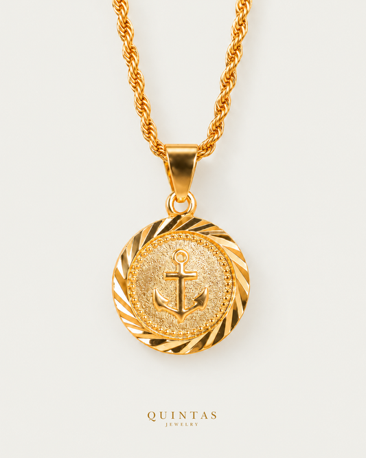 Anchor Valor Rope Necklace hero with canonical Quintas Jewelry logo