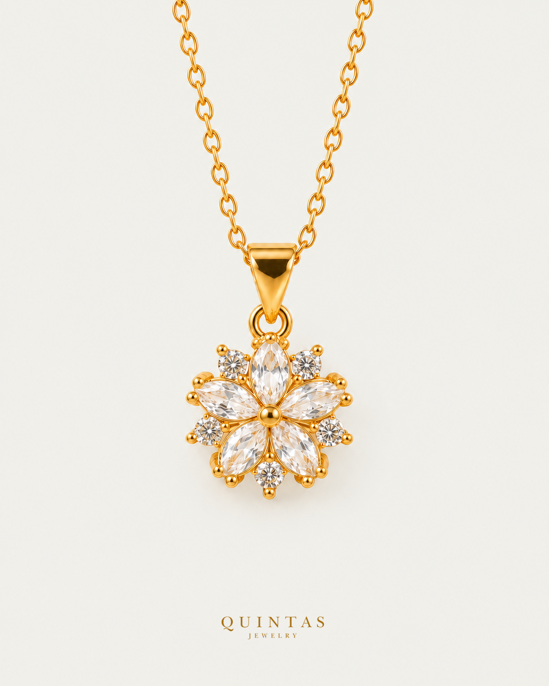 Arielle Flower Diamond Necklace — neutral greige; canonical Quintas Jewelry logo