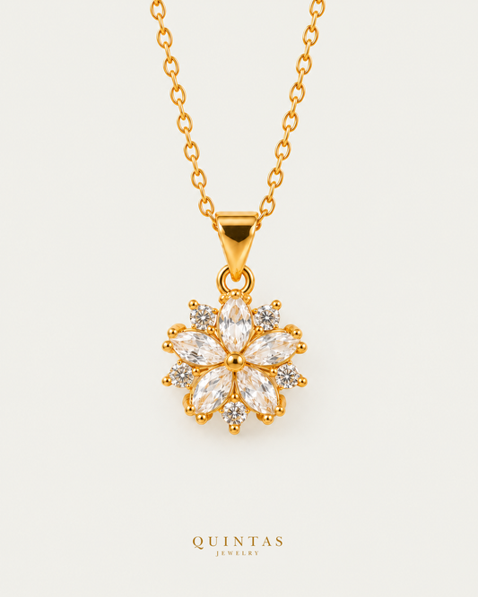 Arielle Flower Diamond Necklace — neutral greige; canonical Quintas Jewelry logo