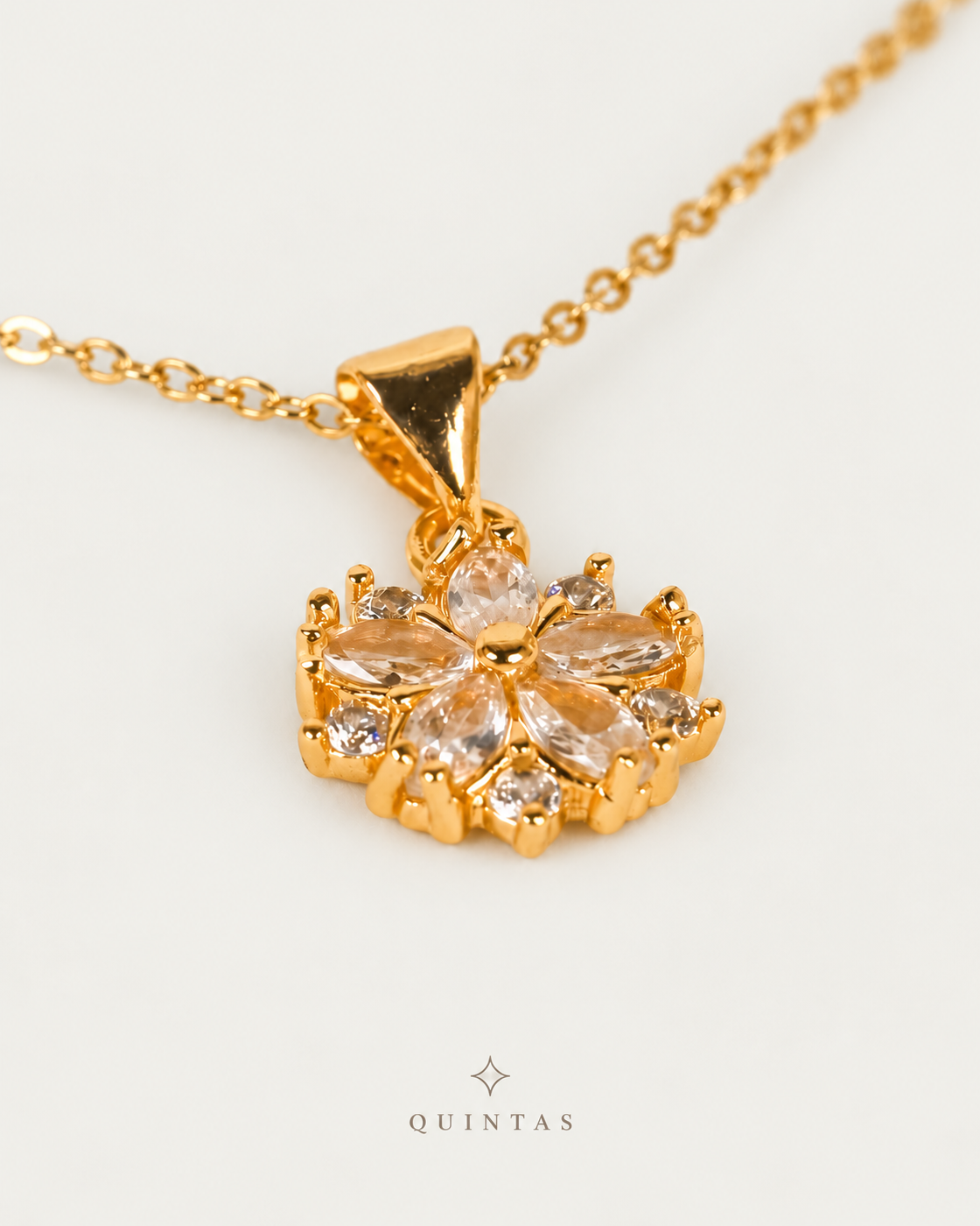 Arielle Flower Diamond Necklace — gold cable, genuine oblique angle, neutral greige