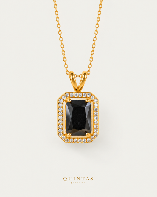 Classic Black Onyx Necklace hero with canonical Quintas Jewelry logo