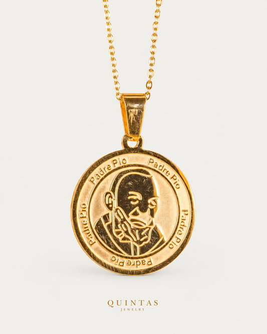 Holy Padre Pio Medallion Necklace — actual source-backed main with canonical Quintas Jewelry logo
