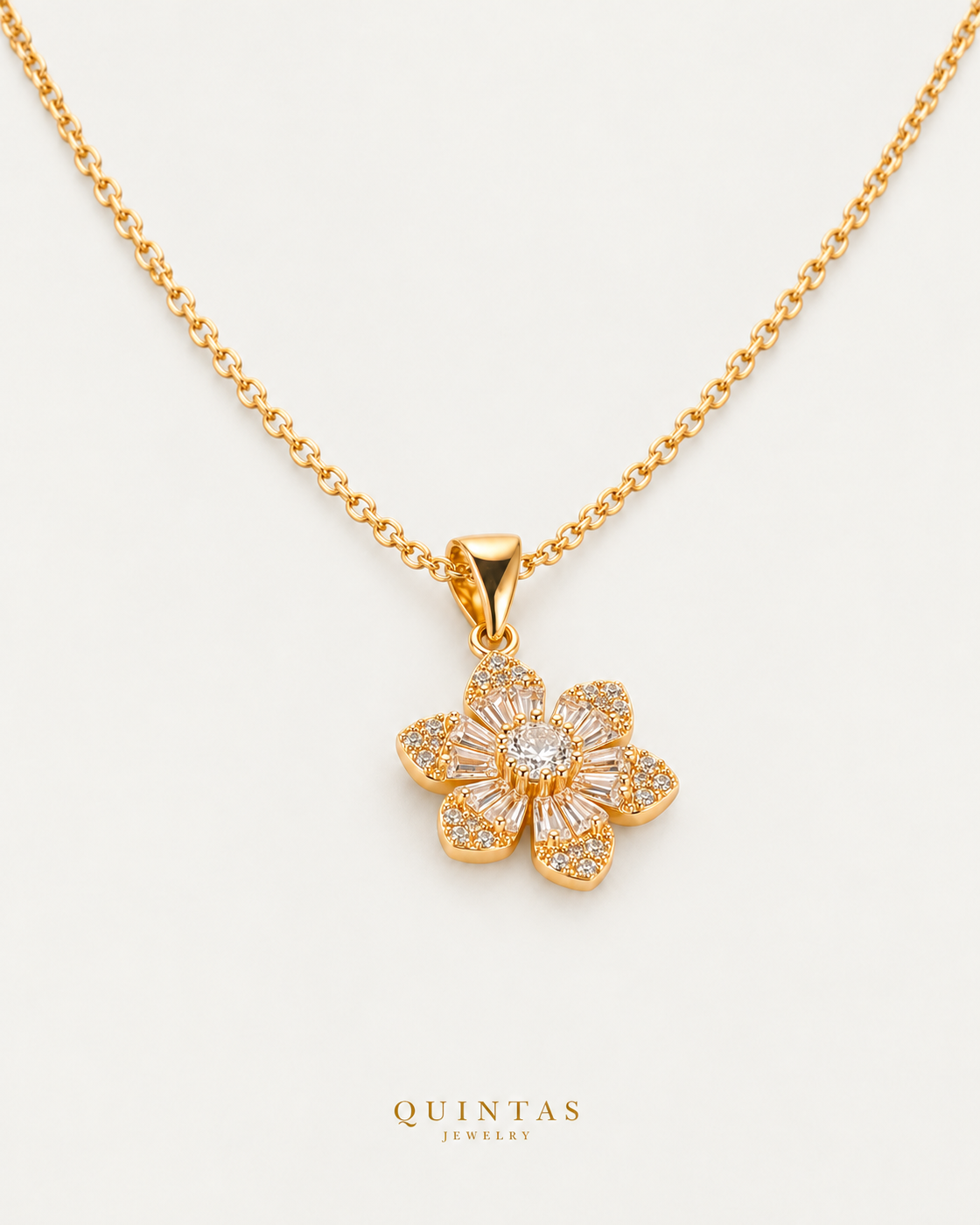 Solara Flower Sun Necklace companion with canonical Quintas Jewelry logo