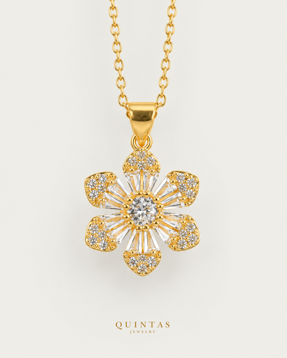 Solara Flower Sun Necklace hero with canonical Quintas Jewelry logo