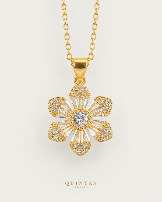 Solara Flower Sun Necklace hero with canonical Quintas Jewelry logo