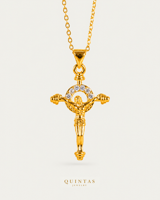 Divine Cross Necklace — source-verified cable front view, off-white background, canonical gold logo