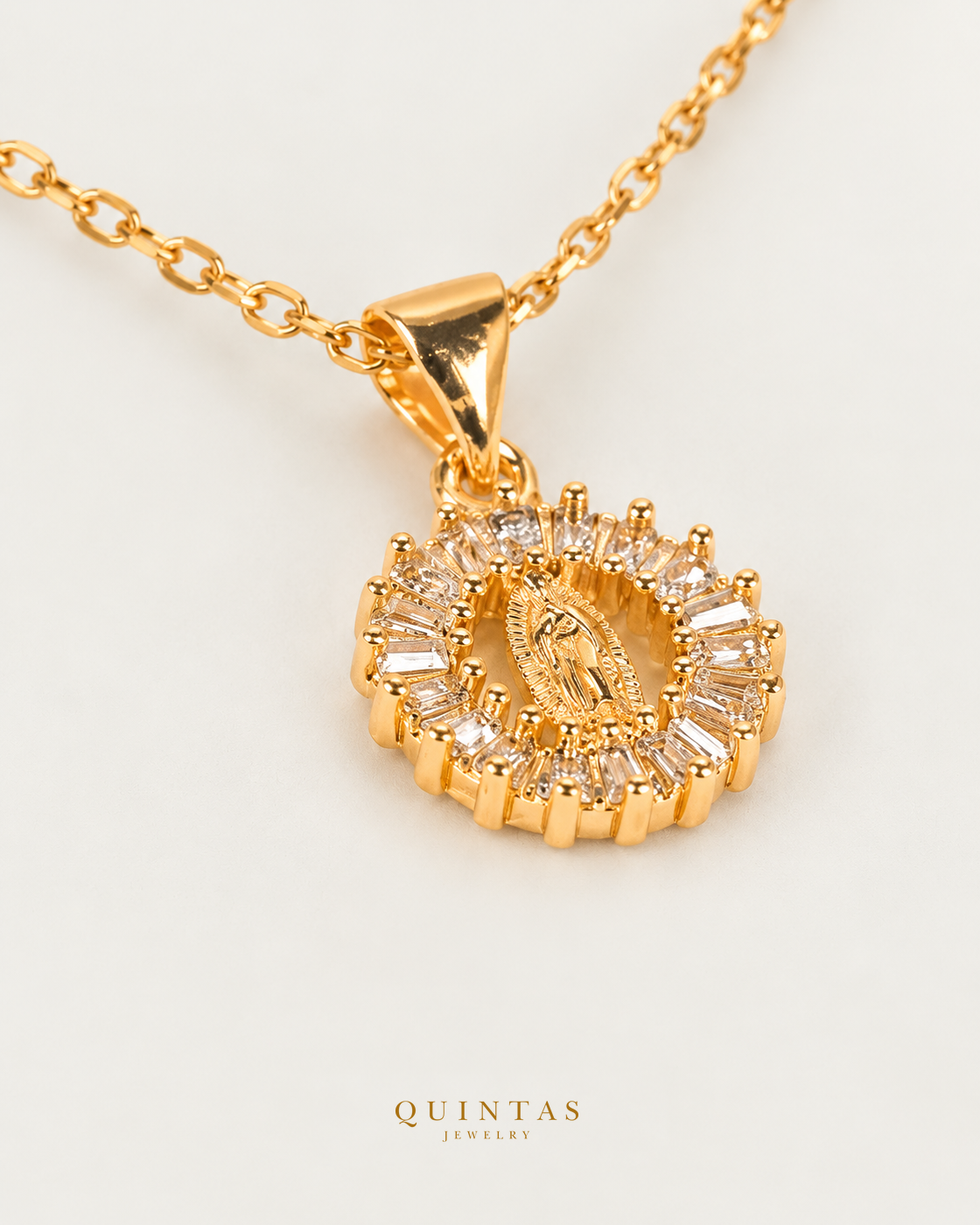 Divine Mary Necklace — actual source-backed alternate detail with canonical Quintas Jewelry logo