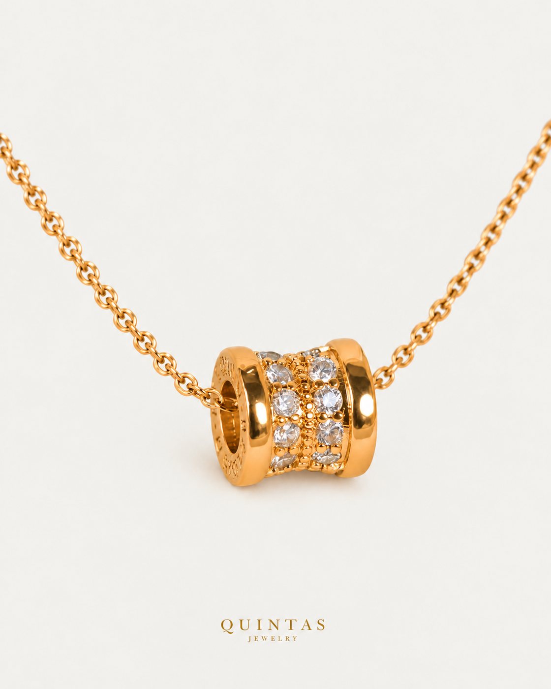 Elan Classic Barrel Necklace — gold cable chain, companion view, canonical Quintas logo