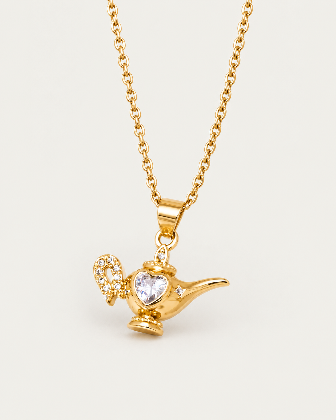 Aladdin necklace — actual cable-chain oblique view, neutral greige