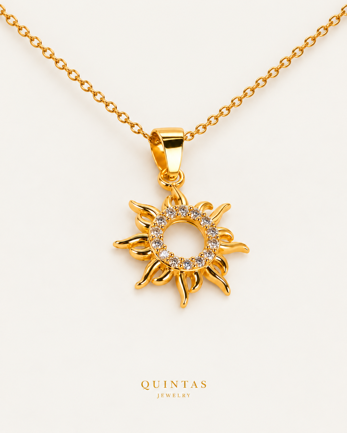 Araw Sun Necklace - wider source-supported alternate angle on Gold Cable Chain