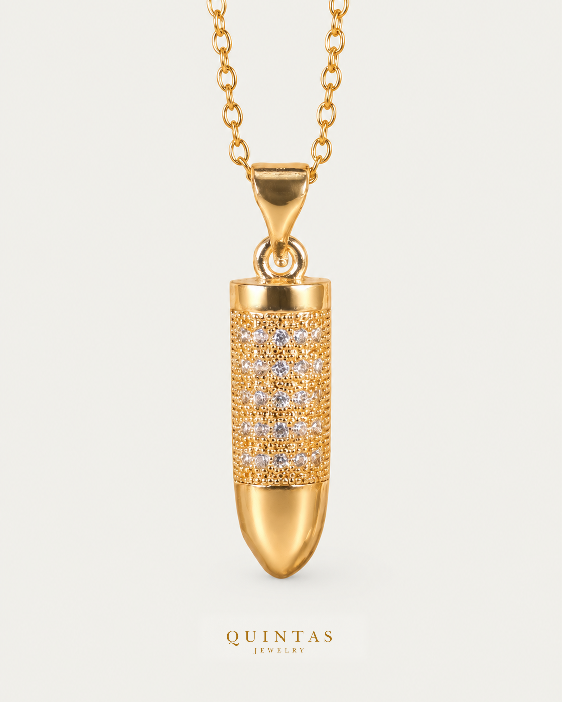 Bullet Charm Necklace — source-verified cable front view, off-white background, canonical gold logo