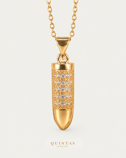 Bullet Charm Necklace — source-verified cable front view, off-white background, canonical gold logo