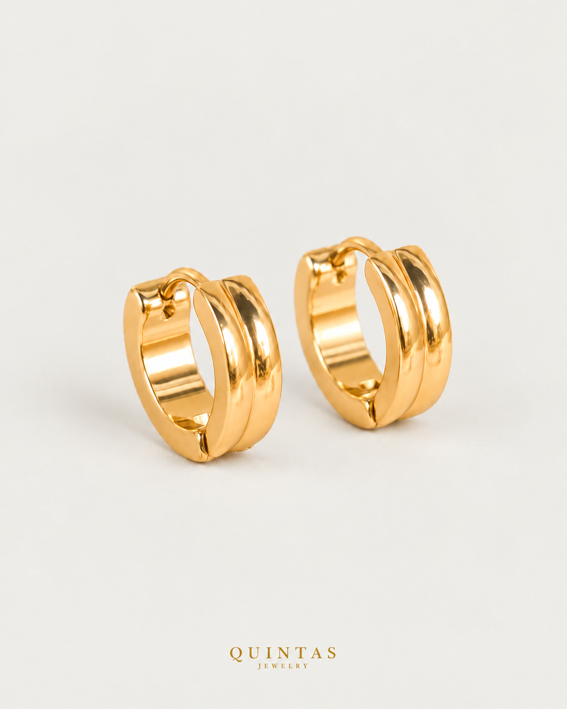 Camille Double Hoop Earrings, yellow gold hoop pair, neutral greige background