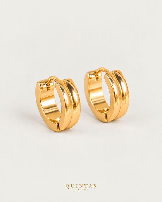 Camille Double Hoop Earrings, yellow gold hoop pair, neutral greige background