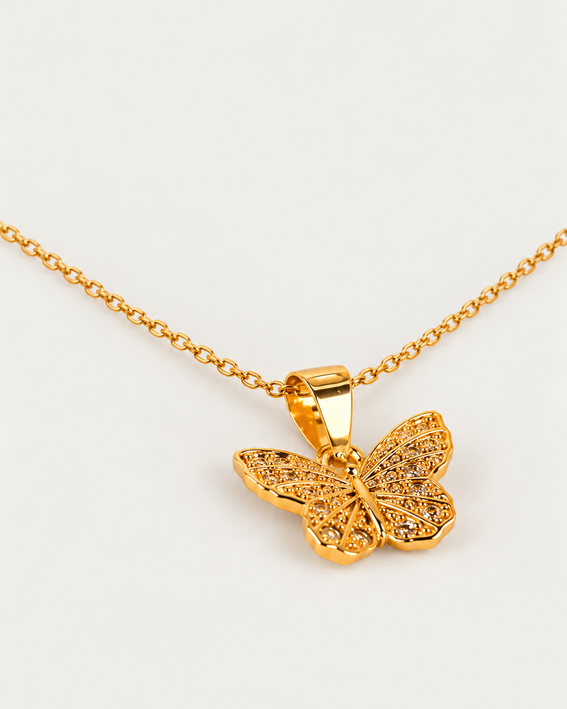 Caroline necklace — actual cable-chain oblique view, neutral greige