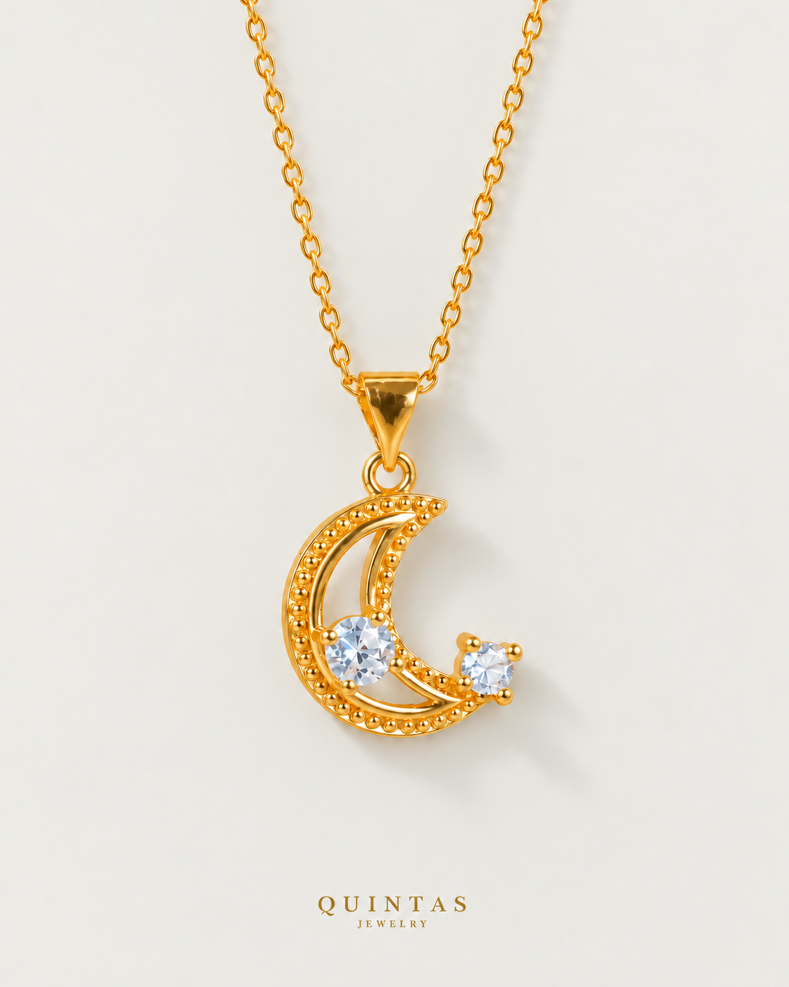 Celestine Moon Diamond Necklace, cable, neutral greige background