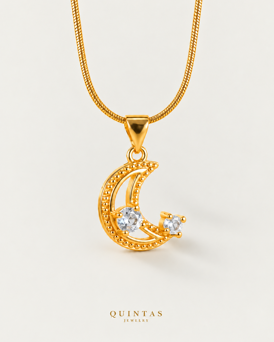 Celestine Moon Diamond Necklace, snake, neutral greige background