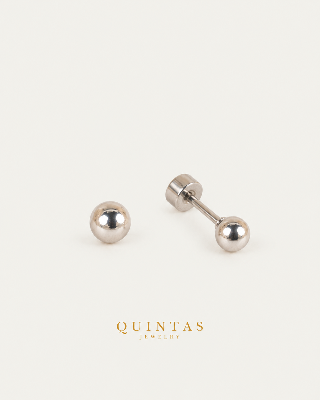Classic Ball Silver Flatback Earrings, full physical-source view, neutral greige