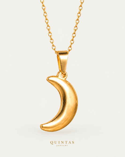 Classic Crescent Moon Necklace on gold cable chain, polished front view
